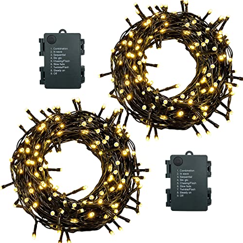 Meision Lichterkette Batterie Timer, LED Lichterkette mit Batterie Innen Außen, Lichterkette Batteriebetrieben 8 Modi, ideal für Weihnachten Party Hochzeit Deko, 10m 100LEDs, Warmweiß, 2 Stücke von Meision