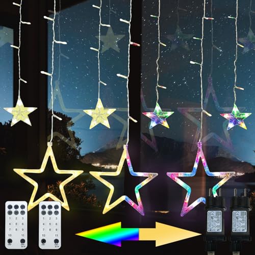 Meision Lichterkette Außen Sterne 2,3m 138LED, 4 Farbwechsel Strombetrieben Lichtervorhang mit 11 Modi, Fernbedienung, Timer, Haken, Erweiterbar Lichterkette Fenster Innen für Weihnachten Zimmer 2stk Meision Lichterkette Außen Sterne 2,3m 138LED, 4 Farbwechsel Strombetrieben Lichtervorhang mit 11 Modi, Fernbedienung, Timer, Haken, Erweiterbar Lichterkette Fenster Innen für Weihnachten Zimmer 2stk von Meision