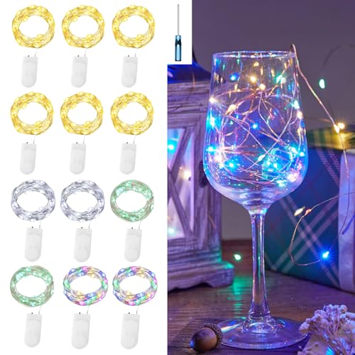 Meision Lichterkette Innen 2m 20LEDs, Mini Lichterketten mit Batterie + Konstantem Licht Modi, Halloween Deko für Hochzeit, Weihnachtstag, 6Warmweiß 2Grüner 2Bunt 2Weiß, 12 Stück von Meision