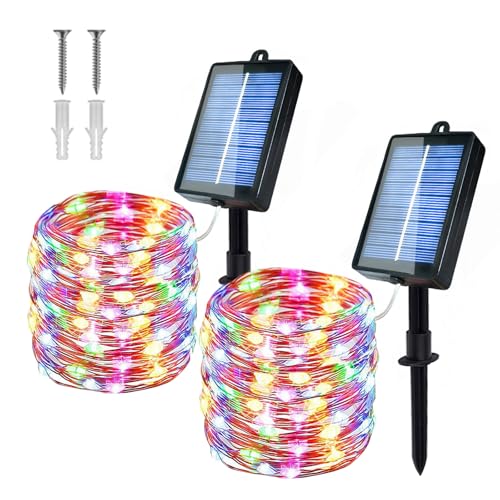 Meision Solar Lichterkette Aussen, 16M 160LEDs Kupferdraht Lichterkette Außen mit 8 Modi + IP65 Wetterfest, Solarlichterkette Weihnachtsbaum für Garten, Balkon, 2 Stück Bunt von Meision