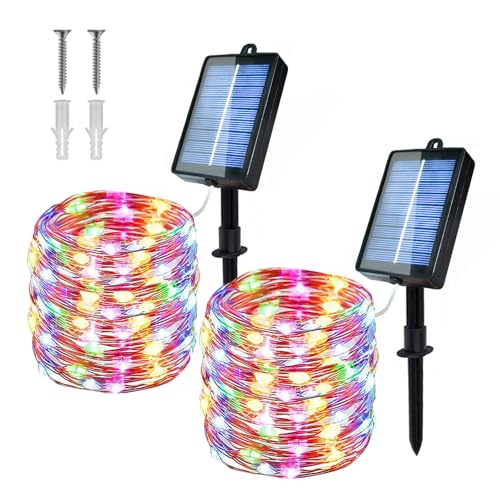 Meision Solar Lichterkette Aussen, 20M 200LEDs Kupferdraht Lichterkette Außen mit 8 Modi + IP65 Wetterfest, Solarlichterkette Weihnachtsbaum für Garten, Balkon, 2 Stück Bunt von Meision