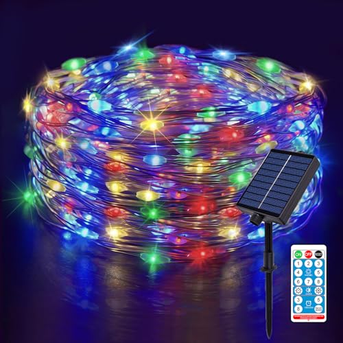 Meision Solar Lichterkette Aussen 10m 100LEDs, LED Lichterkette Kupferdraht mit Timer + Fernbedienung + 8 Modi+ IP65 Wetterfest, Lichterkette Weihnachtsbaum für Balkon, Party, Bunt von Meision