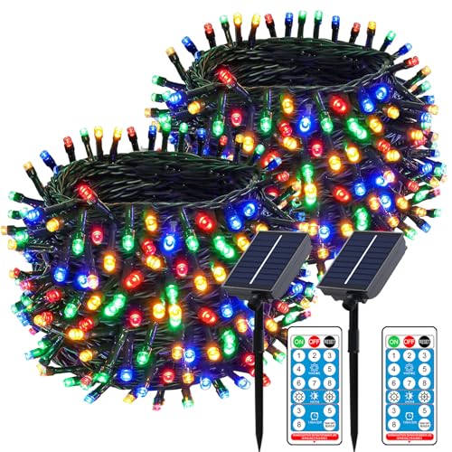 Meision Solar Lichterkette Außen 30m 300LED Lichterkette Weihnachten LED Outdoor Lichterkette mit 8 Modi + Timer + Fernbedienung Solarlichterkette Wetterfest für Balkon, 2 Stück, Bunt von Meision