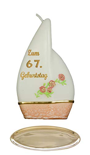 AUSWAHL * Jubiläumskerze / Geburtstagskerze ''Zum 67. Geburtstag'' * terracotta * mit farbigen Wachsauflagen * inkl. Kerzenständer aus Messing * (Motiv 'Flamme 001') AUSWAHL Motiv + Farbe von Meissner-Handel