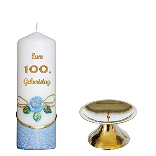 Auswahl * Jubiläumskerze/Geburtstagskerze ''Zum 100. Geburtstag'' * blau * mit farbigen Wachsauflagen * inkl. Kerzenständer aus Messing * (Motiv 001) Auswahl Motiv + Farbe von Meissner-Handel