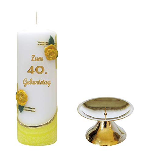 Auswahl * Jubiläumskerze/Geburtstagskerze ''Zum 40. Geburtstag'' * gelb * mit farbigen Wachsauflagen * inkl. Kerzenständer aus Messing * (Motiv 003) Auswahl Motiv + Farbe von Meissner-Handel