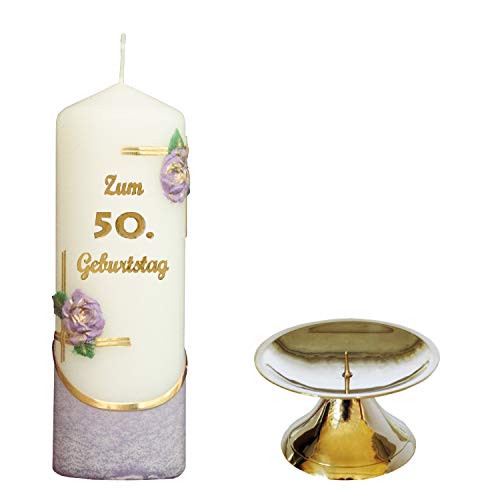 Auswahl * Jubiläumskerze/Geburtstagskerze ''Zum 50. Geburtstag'' * lila * mit farbigen Wachsauflagen * inkl. Kerzenständer aus Messing * (Motiv 003) Auswahl Motiv + Farbe von Meissner-Handel