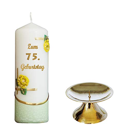 Auswahl * Jubiläumskerze/Geburtstagskerze ''Zum 75. Geburtstag'' * grün * mit farbigen Wachsauflagen * inkl. Kerzenständer aus Messing * (Motiv 003) Auswahl Motiv + Farbe von Meissner-Handel