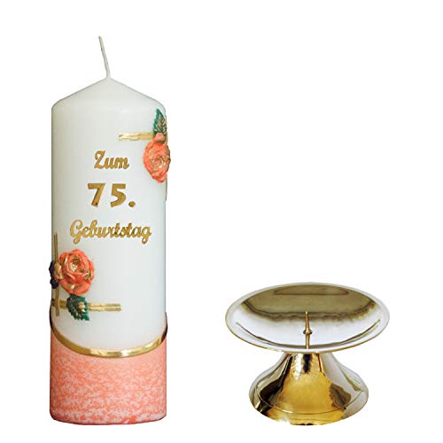 Auswahl * Jubiläumskerze/Geburtstagskerze ''Zum 75. Geburtstag'' * orange * mit farbigen Wachsauflagen * inkl. Kerzenständer aus Messing * (Motiv 003) Auswahl Motiv + Farbe von Meissner-Handel