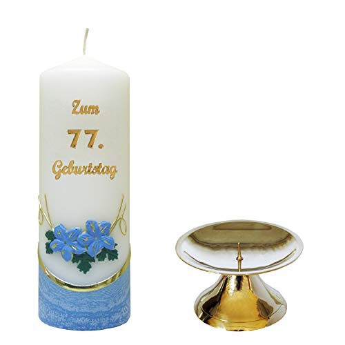 Auswahl * Jubiläumskerze/Geburtstagskerze ''Zum 77. Geburtstag'' * blau * mit farbigen Wachsauflagen * inkl. Kerzenständer aus Messing * (Motiv 002) Auswahl Motiv + Farbe von Meissner-Handel