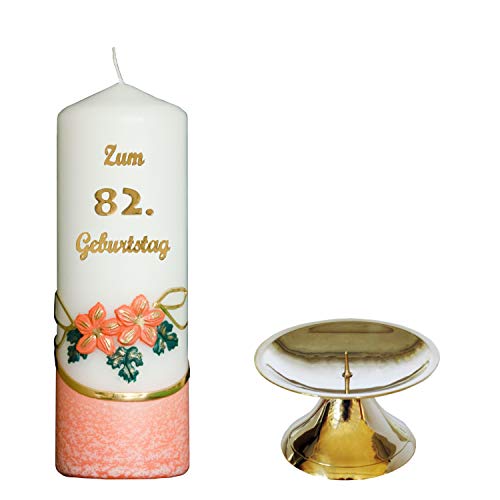 Auswahl * Jubiläumskerze/Geburtstagskerze ''Zum 82. Geburtstag'' * orange * mit farbigen Wachsauflagen * inkl. Kerzenständer aus Messing * (Motiv 002) Auswahl Motiv + Farbe von Meissner-Handel