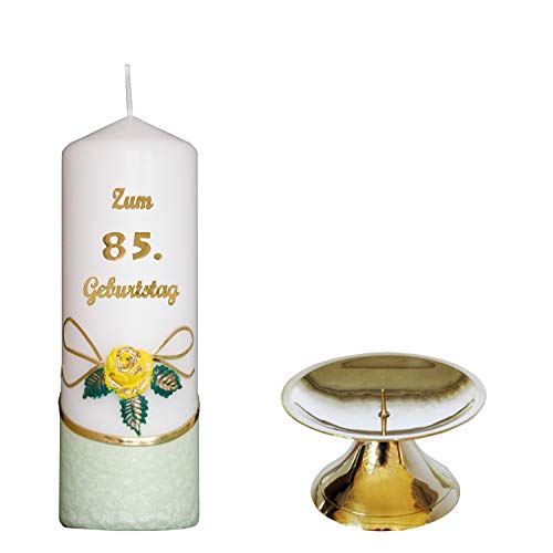 Auswahl * Jubiläumskerze/Geburtstagskerze ''Zum 85. Geburtstag'' * grün * mit farbigen Wachsauflagen * inkl. Kerzenständer aus Messing * (Motiv 001) Auswahl Motiv + Farbe von Meissner-Handel
