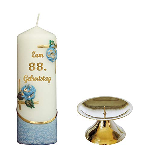 Auswahl * Jubiläumskerze/Geburtstagskerze ''Zum 88. Geburtstag'' * blau * mit farbigen Wachsauflagen * inkl. Kerzenständer aus Messing * (Motiv 003) Auswahl Motiv + Farbe von Meissner-Handel