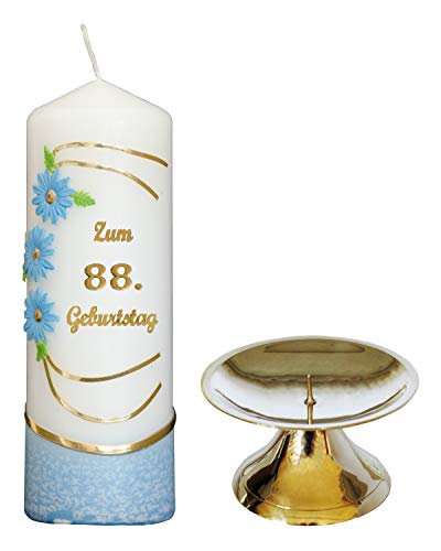 Auswahl * Jubiläumskerze/Geburtstagskerze ''Zum 88. Geburtstag'' * blau * mit farbigen Wachsauflagen * inkl. Kerzenständer aus Messing * (Motiv 021) Auswahl Motiv + Farbe von Meissner-Handel