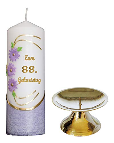Auswahl * Jubiläumskerze/Geburtstagskerze ''Zum 88. Geburtstag'' * lila * mit farbigen Wachsauflagen * inkl. Kerzenständer aus Messing * (Motiv 021) Auswahl Motiv + Farbe von Meissner-Handel