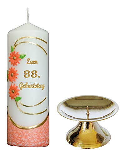 Auswahl * Jubiläumskerze/Geburtstagskerze ''Zum 88. Geburtstag'' * orange * mit farbigen Wachsauflagen * inkl. Kerzenständer aus Messing * (Motiv 021) Auswahl Motiv + Farbe von Meissner-Handel