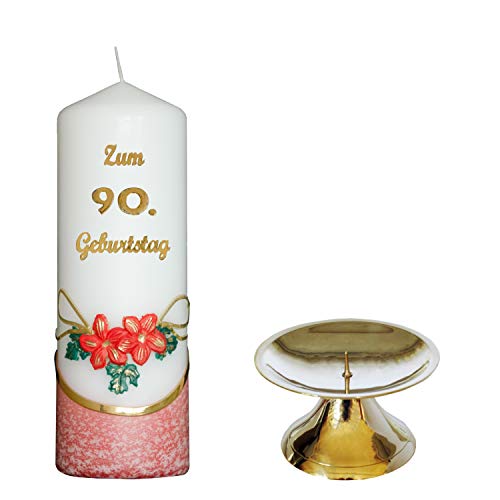 Meissner-Handel Kerze 'Zum 90. Geburtstag' - Rot, Zylindrisch, Unparfümiert, Motiv 2 m. Ständer, mit farbigen Wachsauflagen, Messingständer, Farbiger Kerzenfuß mit Eis-Effekt von Meissner-Handel