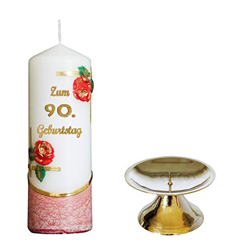 Meissner-Handel Kerze * Jubiläumskerze/Geburtstagskerze 'Zum 90. Geburtstag' * Rot * Mit Farbigen Wachsauflagen * Inkl. Messing Kerzenständer * (Motiv 003) * Unparfümiert von Meissner-Handel