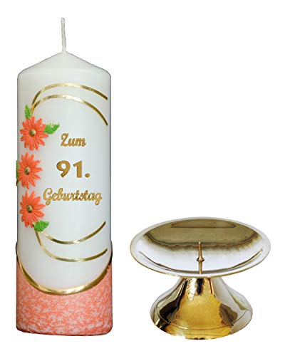 Auswahl * Jubiläumskerze/Geburtstagskerze ''Zum 91. Geburtstag'' * orange * mit farbigen Wachsauflagen * inkl. Kerzenständer aus Messing * (Motiv 021) Auswahl Motiv + Farbe von Meissner-Handel