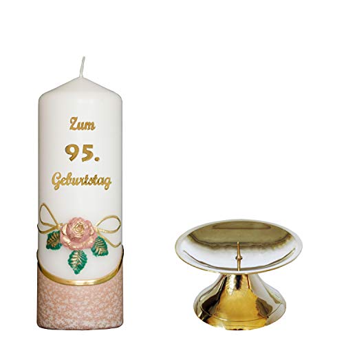 Meissner-Handel Kerze 'Zum 95. Geburtstag' - Terracotta mit farbigen Wachsauflagen - inkl. Messing Kerzenständer - unparfümiert - Motiv 1 m. Ständer von Meissner-Handel