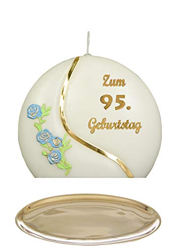 Auswahl * Jubiläumskerze/Geburtstagskerze ''Zum 95. Geburtstag'' * blau * mit farbigen Wachsauflagen * inkl. Kerzenständer aus Messing * ('Diskus 001') Auswahl Motiv + Farbe von Meissner-Handel