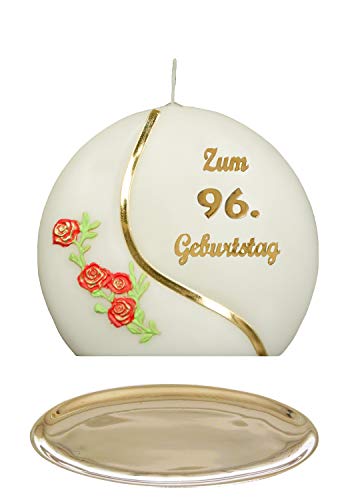 Auswahl * Jubiläumskerze/Geburtstagskerze ''Zum 96. Geburtstag'' * rot * mit farbigen Wachsauflagen * inkl. Kerzenständer aus Messing * ('Diskus 001') Auswahl Motiv + Farbe von Meissner-Handel
