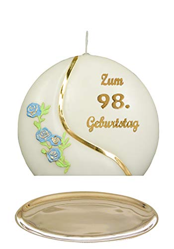 Auswahl * Jubiläumskerze/Geburtstagskerze ''Zum 98. Geburtstag'' * blau * mit farbigen Wachsauflagen * inkl. Kerzenständer aus Messing * ('Diskus 001') Auswahl Motiv + Farbe von Meissner-Handel