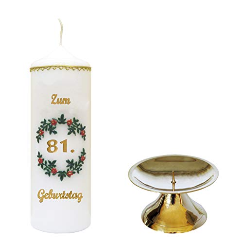 Auswahl * handverzierte Geburtstagskerze ''Zum 81. Geburtstag'' * rot * m. farbigen Wachsauflagen * mit Kerzenständer aus Messing * (Motiv #004) * Auswahl Motiv + Farbe von Meissner-Handel