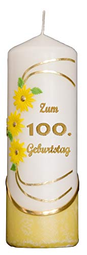 Meissner-Handel Auswahl * Jubiläumskerze/Geburtstagskerze ''Zum 100. Geburtstag'' * gelb * mit farbigen Wachsauflagen * (Motiv 021) Auswahl Motiv + Farbe von Meissner-Handel