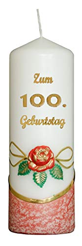 Meissner-Handel Auswahl * Jubiläumskerze/Geburtstagskerze ''Zum 100. Geburtstag'' * rot * mit farbigen Wachsauflagen * (Motiv 001) Auswahl Motiv + Farbe von Meissner-Handel