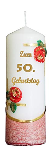 Meissner-Handel Auswahl * Jubiläumskerze/Geburtstagskerze ''Zum 50. Geburtstag'' * rot * mit farbigen Wachsauflagen * (Motiv 003) Auswahl Motiv + Farbe von Meissner-Handel