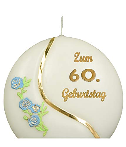 Meissner-Handel Auswahl * Jubiläumskerze/Geburtstagskerze ''Zum 60. Geburtstag'' * blau * mit farbigen Wachsauflagen * ('Diskus 001') Auswahl Motiv + Farbe von Meissner-Handel
