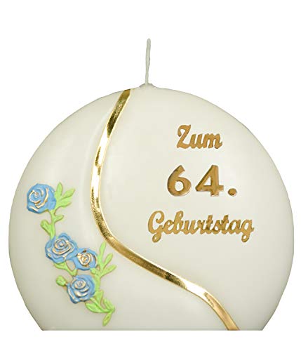 Meissner-Handel Auswahl * Jubiläumskerze/Geburtstagskerze ''Zum 64. Geburtstag'' * blau * mit farbigen Wachsauflagen * ('Diskus 001') Auswahl Motiv + Farbe von Meissner-Handel