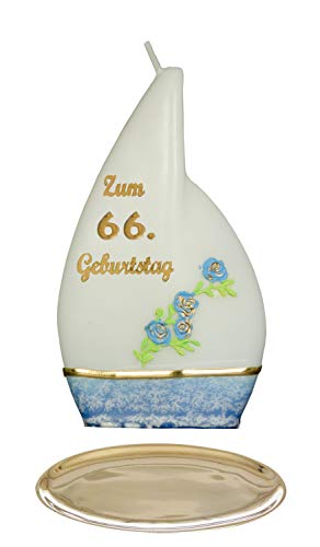Meissner-Handel Auswahl * Jubiläumskerze/Geburtstagskerze ''Zum 66. Geburtstag'' * blau * mit farbigen Wachsauflagen * inkl. Kerzenständer aus Messing * (Motiv 'Flamme 001') Auswahl Motiv + Farbe von Meissner-Handel