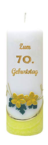 Meissner-Handel Auswahl * Jubiläumskerze/Geburtstagskerze ''Zum 70. Geburtstag'' * gelb * mit farbigen Wachsauflagen * (Motiv 002) Auswahl Motiv + Farbe von Meissner-Handel