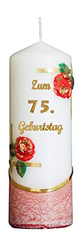 Meissner-Handel Auswahl * Jubiläumskerze/Geburtstagskerze ''Zum 75. Geburtstag'' * rot * mit farbigen Wachsauflagen * (Motiv 003) Auswahl Motiv + Farbe von Meissner-Handel