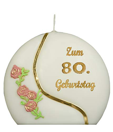 Meissner-Handel Auswahl * Jubiläumskerze/Geburtstagskerze ''Zum 80. Geburtstag'' * Terracotta * mit farbigen Wachsauflagen * ('Diskus 001') Auswahl Motiv + Farbe von Meissner-Handel