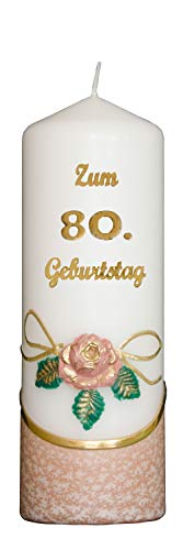 Meissner-Handel Auswahl * Jubiläumskerze/Geburtstagskerze ''Zum 80. Geburtstag'' * Terracotta * mit farbigen Wachsauflagen * (Motiv 001) Auswahl Motiv + Farbe von Meissner-Handel