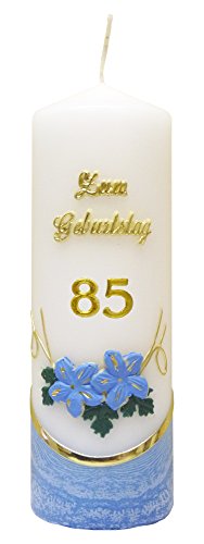 Meissner-Handel Auswahl * Jubiläumskerze/Geburtstagskerze ''Zum 85. Geburtstag'' * blau * mit farbigen Wachsauflagen * (Motiv 002) Auswahl Motiv + Farbe von Meissner-Handel