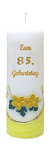 Meissner-Handel Kerze * Jubiläumskerze/Geburtstagskerze 'Zum 85. Geburtstag' * Gelb * Eis-Effekt * Handarbeit * Mit farbigen Wachsauflagen * Ideal als Geschenk oder Tischdekoration von Meissner-Handel