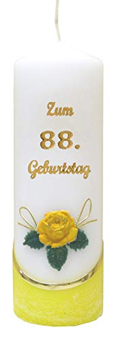 Meissner-Handel Kerze * Jubiläumskerze/Geburtstagskerze 'Zum 88. Geburtstag' * Gelb * Eis-Effekt auf dem Kerzenfuß * Mit farbigen Wachsauflagen * Unparfümiert von Meissner-Handel