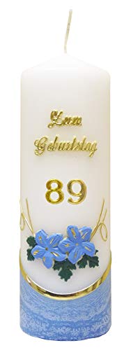 Meissner-Handel Auswahl * Jubiläumskerze/Geburtstagskerze ''Zum 89. Geburtstag'' * blau * mit farbigen Wachsauflagen * (Motiv 002) Auswahl Motiv + Farbe von Meissner-Handel