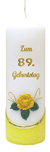 Meissner-Handel Auswahl * Jubiläumskerze/Geburtstagskerze ''Zum 89. Geburtstag'' * gelb * mit farbigen Wachsauflagen * (Motiv 001) Auswahl Motiv + Farbe von Meissner-Handel