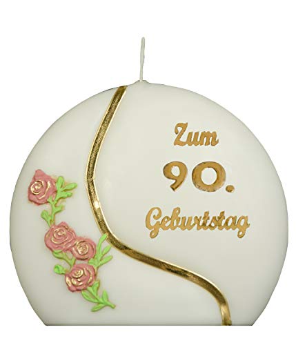 Meissner-Handel Auswahl * Jubiläumskerze/Geburtstagskerze ''Zum 90. Geburtstag'' * Terracotta * mit farbigen Wachsauflagen * ('Diskus 001') Auswahl Motiv + Farbe von Meissner-Handel