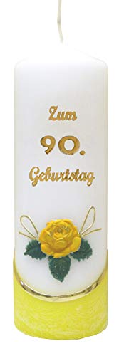 Meissner-Handel Auswahl * Jubiläumskerze/Geburtstagskerze ''Zum 90. Geburtstag'' * gelb * mit farbigen Wachsauflagen * (Motiv 001) Auswahl Motiv + Farbe von Meissner-Handel