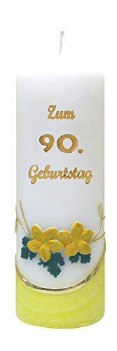 Meissner-Handel Auswahl * Jubiläumskerze/Geburtstagskerze ''Zum 90. Geburtstag'' * gelb * mit farbigen Wachsauflagen * (Motiv 002) Auswahl Motiv + Farbe von Meissner-Handel