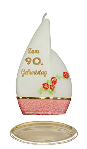 Meissner-Handel Kerze 'Zum 90. Geburtstag' - Rot, mit farbigen Wachsauflagen und gold-glänzender Schrift, inkl. Messing-Kerzenständer (Flamme 001), unparfümiert von Meissner-Handel