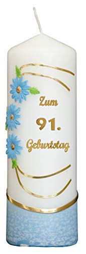 Meissner-Handel Auswahl * Jubiläumskerze/Geburtstagskerze ''Zum 91. Geburtstag'' * blau * mit farbigen Wachsauflagen * (Motiv 021) Auswahl Motiv + Farbe von Meissner-Handel