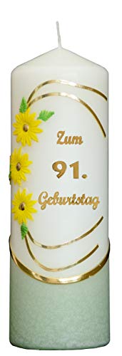 Meissner-Handel Auswahl * Jubiläumskerze/Geburtstagskerze ''Zum 91. Geburtstag'' * grün * mit farbigen Wachsauflagen * (Motiv 021) Auswahl Motiv + Farbe von Meissner-Handel