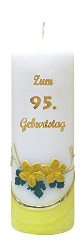 Meissner-Handel Auswahl * Jubiläumskerze/Geburtstagskerze ''Zum 95. Geburtstag'' * gelb * mit farbigen Wachsauflagen * (Motiv 002) Auswahl Motiv + Farbe von Meissner-Handel